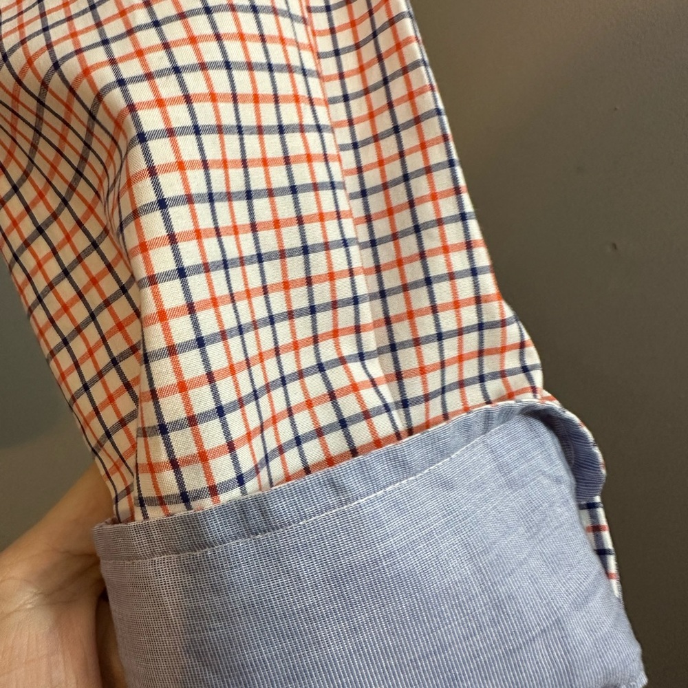 Classic Fit Gingham Stretch Poplin Long Sleeve Woven Shirt Med. Red/Blue Cotton - Picture 3 of 8